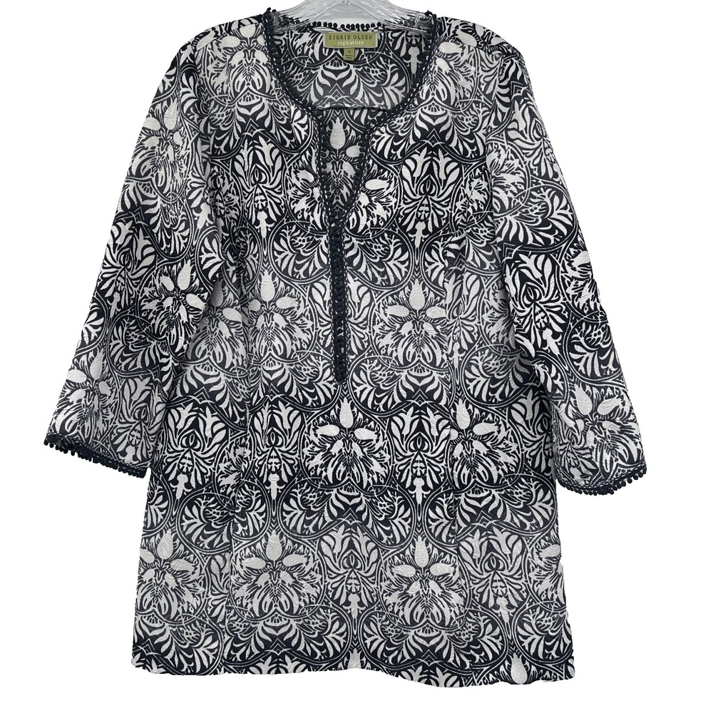 SIGRID OLSEN Signature Women's Sz S Gray/White 7/8-Sleeve Tunic/Caftan Minidress
